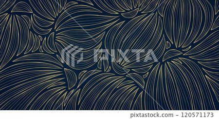 Vector art deco gold leaves background, line modern floral texture pattern, jungle garden fancy wallpaper. Elegant gatsby flowers ornament. Vector art deco gold leaves background, line modern floral texture pattern, jungle garden fancy wallpaper. Elegant gatsby flowers ornament. 120571173