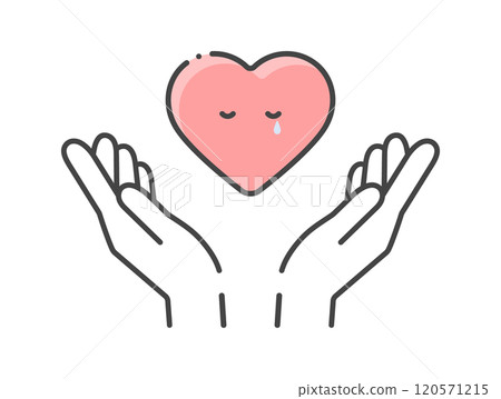 Line drawing icon of hands holding a crying heart - image of compassion, charity or mental health Line drawing icon of hands holding a crying heart - image of compassion, charity or mental health 120571215