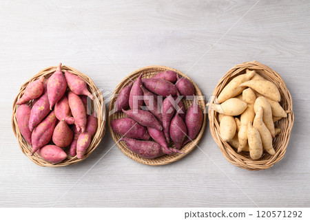 Organic raw sweet potatoes from local farmer market on white background, Table top view Organic raw sweet potatoes from local farmer market on white background, Table top view 120571292