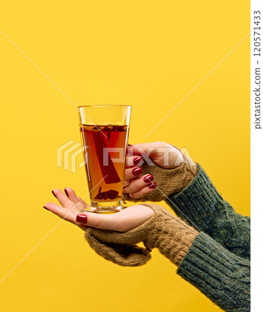 Hands wearing cozy knit mittens holds glass of Zbignew, garnished with a cinnamon stick, against warm yellow studio background. 120571433