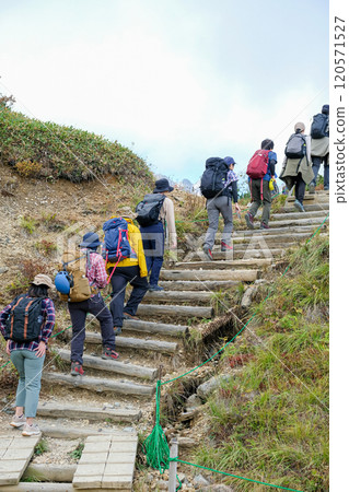 Happo Alpen Line Nature trail, Hakuba, Nahano, Japan, Hikers ascending a scenic trail 120571527
