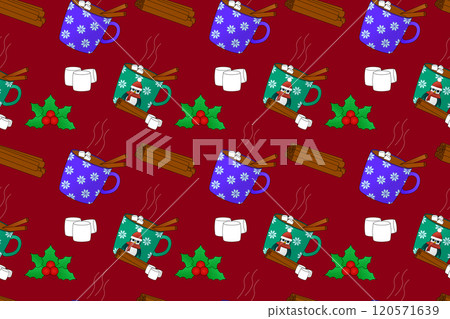 Seamless Christmas Hot Cocoa Pattern with Marshmallows and Holly on Red Background Seamless Christmas Hot Cocoa Pattern with Marshmallows and Holly on Red Background 120571639