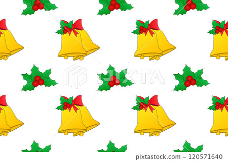 Seamless Christmas pattern with golden bells and holly leaves on a white background 120571640