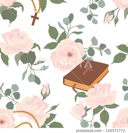 Vector background of first communion symbols. Bible, rosary, white roses and crucifix. Seamless pattern with Christian symbols. Clipart for holiday invitations. 120571772