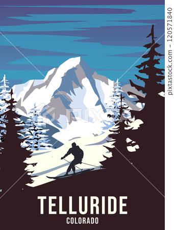 Vintage Travel poster Ski Telluride resort. America winter landscape travel card Vintage Travel poster Ski Telluride resort. America winter landscape travel card 120571840
