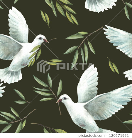 Pigeon with olive green branch. Watercolor seamless pattern. White flying dove bird, symbol of peace. Hand drawn illustration for wedding, Baptism, religious fabric design. Isolated dark background 120571951