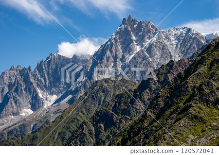 Spectacular view of Aiguille du Midi from the Tram du Mont Blanc, Chamonix, France 120572041