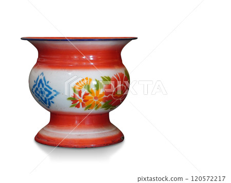 red and white zinc potty is placed on a white background, object, decor, fashion, gift, keep, throw away rubbish, copy space 120572217