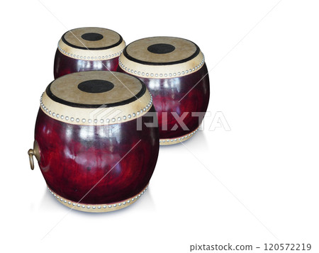 three red and brown wooden and sheepskin chatri drum on white background, object, decor, ancient, music, copy space 120572219