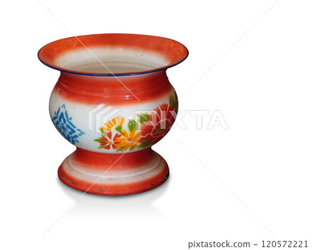 top view red and white zinc potty is placed on a white background, object, decor, fashion, gift, keep, throw away rubbish, copy space 120572221