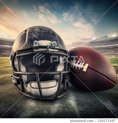 A football helmet and a football are on a field 120572347
