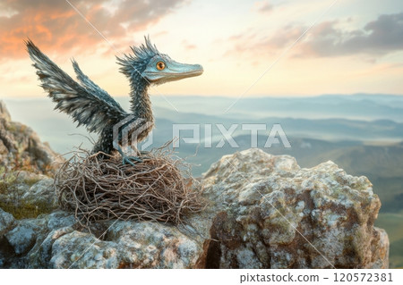 A dragon is perched on a nest of twigs on a rocky mountain 120572381