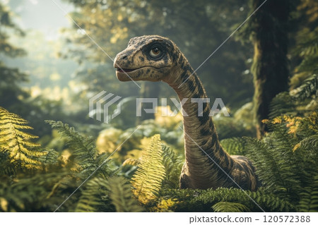 A cartoon dinosaur is standing in a lush green forest 120572388