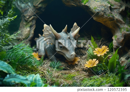 A small dinosaur is sitting in a nest made of twigs and leaves 120572395