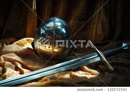 A sword and a helmet are on a cloth A sword and a helmet are on a cloth 120572503