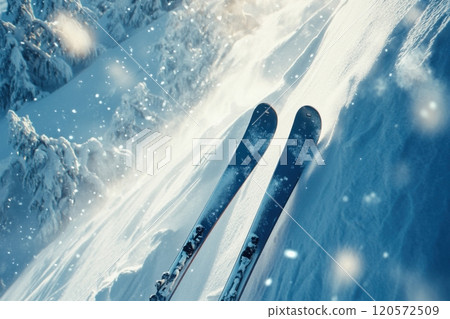 A pair of skis are on a snowy mountain A pair of skis are on a snowy mountain 120572509