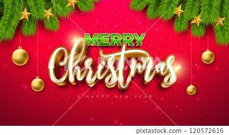 Merry Christmas and Happy New Year Banner with Fir Branch and 3d Typography Lettering on Red Background. Vector Holiday Season Banner Design for Greeting Card, Party Flyer, Celebration Poster and 120572616