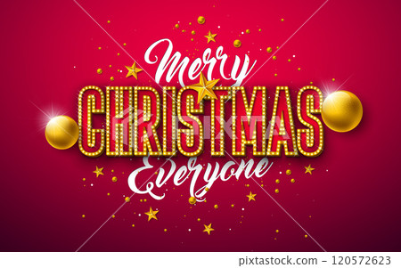 Merry Christmas and Happy New Year Illustration with Gold Glass Ball and Light Bulb Billboard Lettering on Red Background. Vector Holiday Season Banner Design for Greeting Card, Party Flyer 120572623