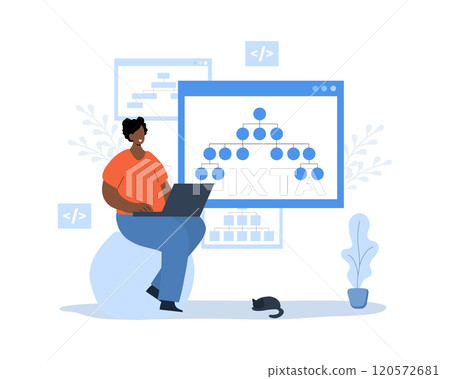 Sitemap creation. Website creation tool. African Female developer with laptop. Online software and web page structure. UX designer workflow. Vector illustration in cartoon style Sitemap creation. Website creation tool. African Female developer with laptop. Online software and web page structure. UX designer workflow. Vector illustration in cartoon style 120572681