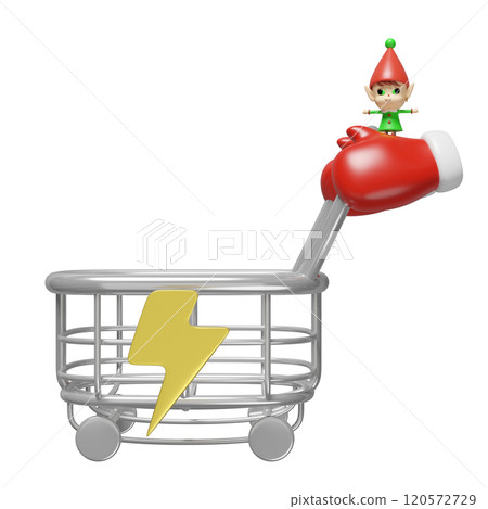 3d warm mittens pushing shopping cart with elves, thunderbolt isolated. flash sale banner, online shopping, merry christmas, festive new year holiday concept,3d render illustration 3d warm mittens pushing shopping cart with elves, thunderbolt isolated. flash sale banner, online shopping, merry christmas, festive new year holiday concept,3d render illustration 120572729