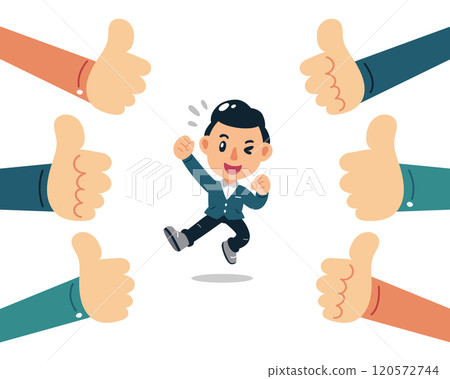 Vector illustration business concept happy businessman with many thumbs up hands Vector illustration business concept happy businessman with many thumbs up hands 120572744