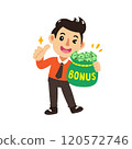 Cartoon businessman with big bag of bonus cash money 120572746