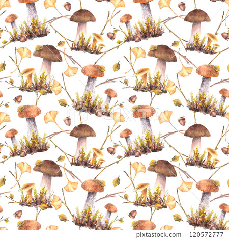 Mushrooms seamless pattern. Boletus brown cap, Porcini, Chanterelle with moos and yellow leaves. Forest wild harvest. Autumn package. Watercolor hand drawn illustration on isolated white background 120572777