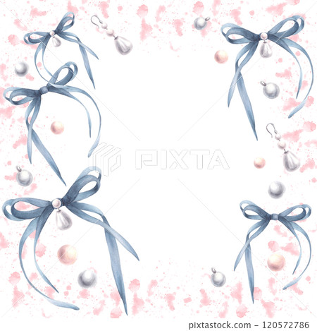 Blue bows, ribbons with pearl earrings on watercolor pink spots splashes abstract background. Square frame. Coquette style template, girly birthday card, label Hand drawn illustration isolated clipart 120572786