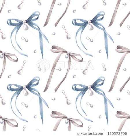 Watercolor bows, ribbons and pearl earrings seamless pattern. Girly romantic blue and grey silver coquette style fabric. Hairband, jewellery hand drawn Illustration on isolated white background Watercolor bows, ribbons and pearl earrings seamless pattern. Girly romantic blue and grey silver coquette style fabric. Hairband, jewellery hand drawn Illustration on isolated white background 120572796