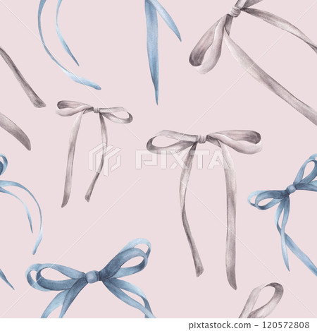 Watercolor bows and ribbons seamless pattern. Girly coquette style fabric. Girls cute blue, grey hair clipart for Wallpaper, package design. Hand drawn illustration Isolated pastel coloured background Watercolor bows and ribbons seamless pattern. Girly coquette style fabric. Girls cute blue, grey hair clipart for Wallpaper, package design. Hand drawn illustration Isolated pastel coloured background 120572808