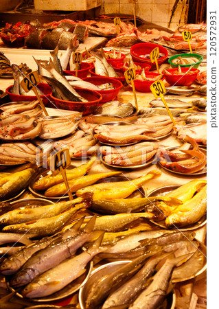 Fish sold at a market in North Point of Hong Kong Island. Many fish are unfamiliar in Japan Fish sold at a market in North Point of Hong Kong Island. Many fish are unfamiliar in Japan 120572931