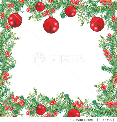 Square frame of spruce green branches, thuja, holly berries, red Christmas balls. Hand drawn watercolor illustration of botanical winter elements on isolated background. Template for Xmas invitations. Square frame of spruce green branches, thuja, holly berries, red Christmas balls. Hand drawn watercolor illustration of botanical winter elements on isolated background. Template for Xmas invitations. 120573091