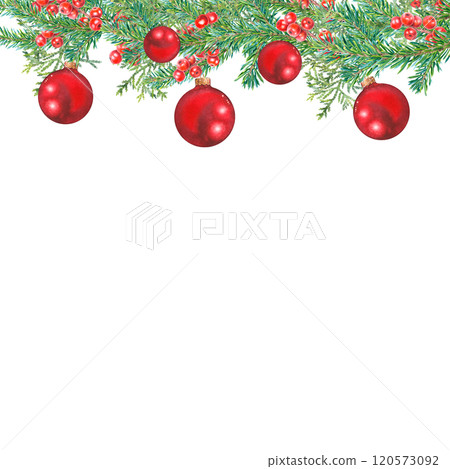 Square frame of spruce green branches, thuja, holly berries, red Christmas balls. Hand drawn watercolor illustration of botanical winter elements on isolated background. Template for Xmas invitations. 120573092