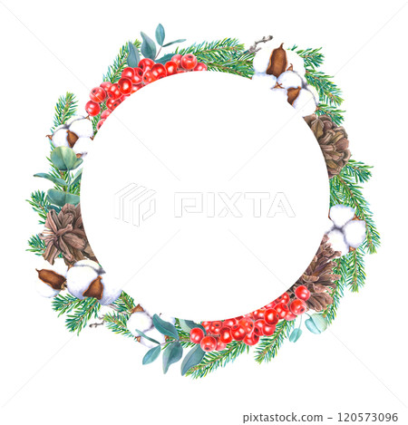 Christmas wreath with ilex, cones, coniferous branches, eucalyptus and bolls of cotton flower. Hand drawn watercolor illustration of round frame on an isolated background. Botanical design for cards. Christmas wreath with ilex, cones, coniferous branches, eucalyptus and bolls of cotton flower. Hand drawn watercolor illustration of round frame on an isolated background. Botanical design for cards. 120573096