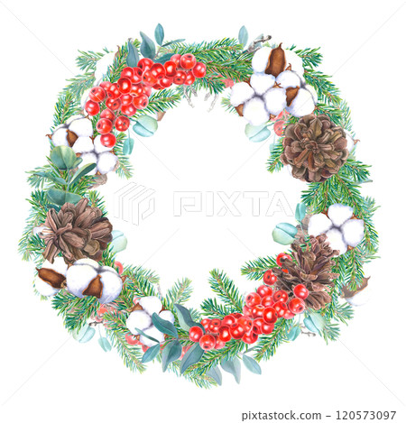 Christmas wreath with ilex, cones, coniferous branches, eucalyptus and bolls of cotton flower. Hand drawn watercolor illustration of round frame on an isolated background. Botanical design for cards. 120573097