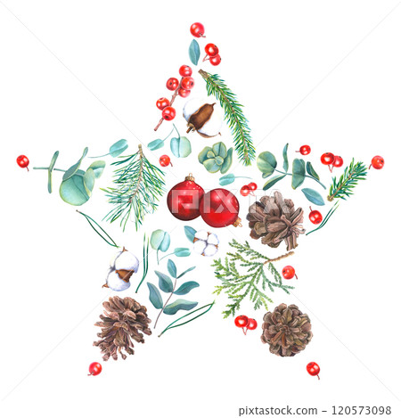 Christmas card in the shape of a star with glass red ball, holly, cones, thuja, fir, pine branches, eucalyptus, bolls of cotton. Hand drawn watercolor illustration on isolated background. For Xmas. 120573098