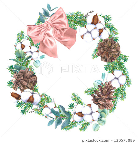 Wreath with pine cones, coniferous branches, eucalyptus, bolls of cotton and pink ribbon bow. Hand drawn watercolor illustration of round frame on an isolated background. Christmas design for cards. Wreath with pine cones, coniferous branches, eucalyptus, bolls of cotton and pink ribbon bow. Hand drawn watercolor illustration of round frame on an isolated background. Christmas design for cards. 120573099