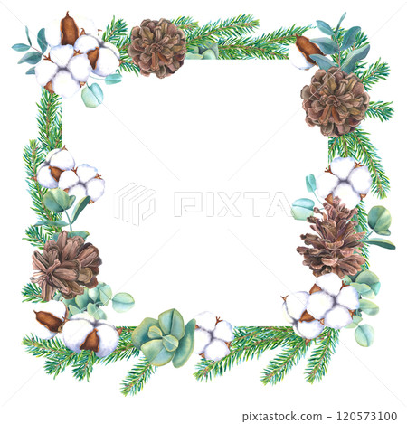 Frame with watercolor Christmas tree branches, pine cones, eucalyptus and bolls of cotton. Hand drawn illustration of template for New Year invitations. Border with spruce twigs on isolated background Frame with watercolor Christmas tree branches, pine cones, eucalyptus and bolls of cotton. Hand drawn illustration of template for New Year invitations. Border with spruce twigs on isolated background 120573100