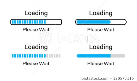 Loading please wait symbol infographics set in blue color. Set of 70 percent loading infographics in four different styles- Bar, Rectangular bar, Rounded bar, Rectangular bar isolated for light mode. 120573110