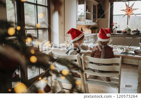 Rear view of siblings making holiday Christmas or christmas decorations at home. Creative activity for toddlers. 120573264