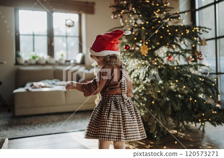 Portrait of cute girl in Santa's hat helping with decorating the Christmas tree with ornaments. Portrait of cute girl in Santa's hat helping with decorating the Christmas tree with ornaments. 120573271