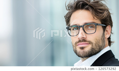 confident man in formal attire wearing stylish eyewear, showcasing professionalism and charisma in modern setting 120573292