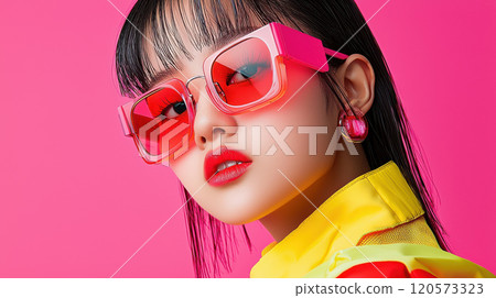 Bold modern outfit with futuristic eyewear, featuring vibrant colors and striking accessories. model exudes confidence against bright pink background 120573323