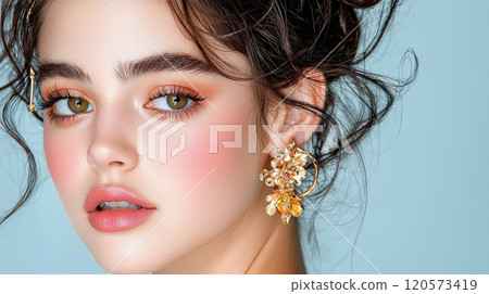 stunning portrait of young woman with striking green eyes and elegant makeup, showcasing beautiful floral earring. soft background enhances her features and adds touch of sophistication stunning portrait of young woman with striking green eyes and elegant makeup, showcasing beautiful floral earring. soft background enhances her features and adds touch of sophistication 120573419