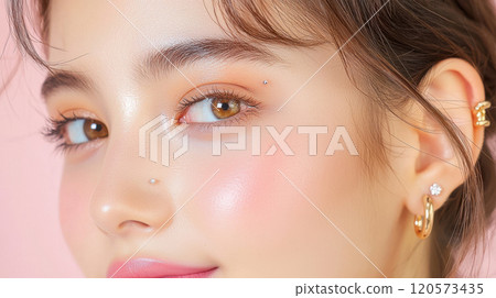close up of young woman showcasing cartilage piercings with dainty hoops, highlighting her radiant skin and expressive eyes. soft pink background enhances her natural beauty close up of young woman showcasing cartilage piercings with dainty hoops, highlighting her radiant skin and expressive eyes. soft pink background enhances her natural beauty 120573435