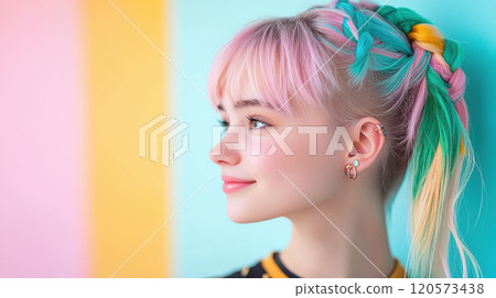Colorful hair with coordinated piercings and matching jewelry, showcasing vibrant and playful style. pastel background enhances cheerful expression 120573438