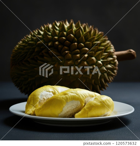 Fresh durian fruit and its creamy flesh on display, perfect for showcasing tropical fruit, food photography, or culinary designs. 120573632