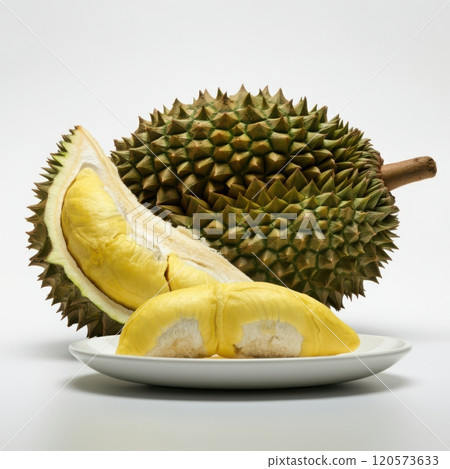 Hyper-realistic durian photograph: ripe flesh on white plate, whole spiky fruit partially open, against clean white background. Studio lighting, vivid detail. 120573633