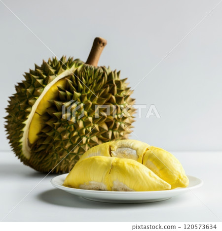 Hyper-realistic durian photograph: ripe flesh on white plate, whole spiky fruit partially open, against clean white background. Studio lighting, vivid detail. 120573634