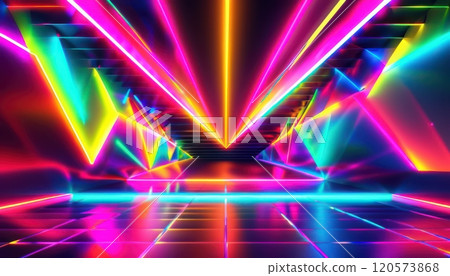 Dazzling retro disco background with vibrant neon colors and abstract patterns, perfect for digital product placement in 80s-styled designs. 120573868
